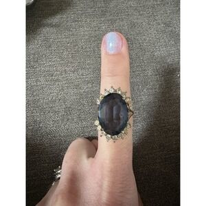 1970's Ring Sapphire and Clear CZ Crystals 18k Yellow Gold Plated Band